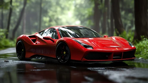 Red supercar cuts through wet forest road with sharp reflections.