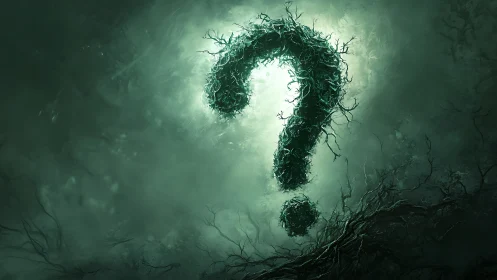 Bioluminescent thorn-vine question mark in atmospheric mist.