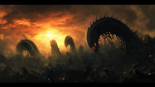Sunset leviathans coil through a wasteland of burning fog.