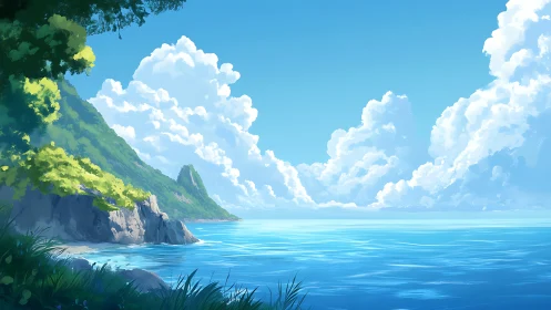 Tropical Coastal Landscape with Cliffs and Ocean.