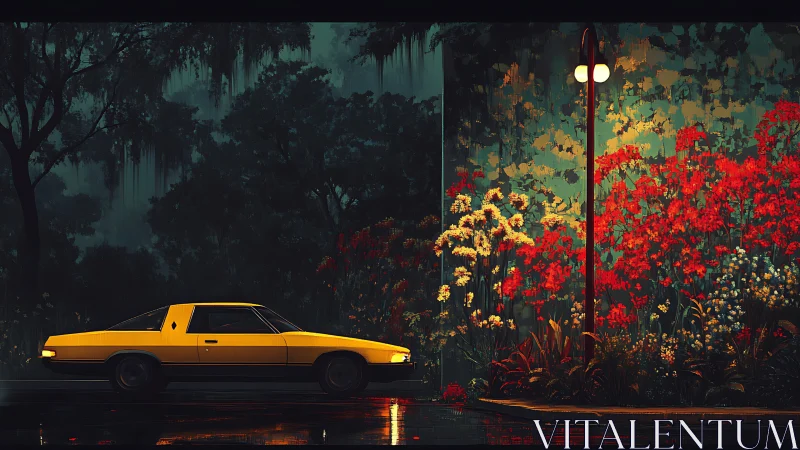 Yellow car by roadside garden under night streetlamp.