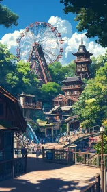 Elevated wooden park village integrates Ferris wheel and dense forest