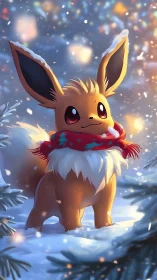 Cartoon foxlike creature stands in snowy conifer landscape