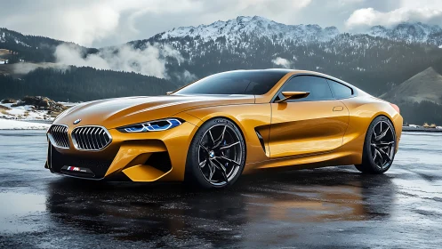 Golden mountain coupe gliding across a glassy winter road.