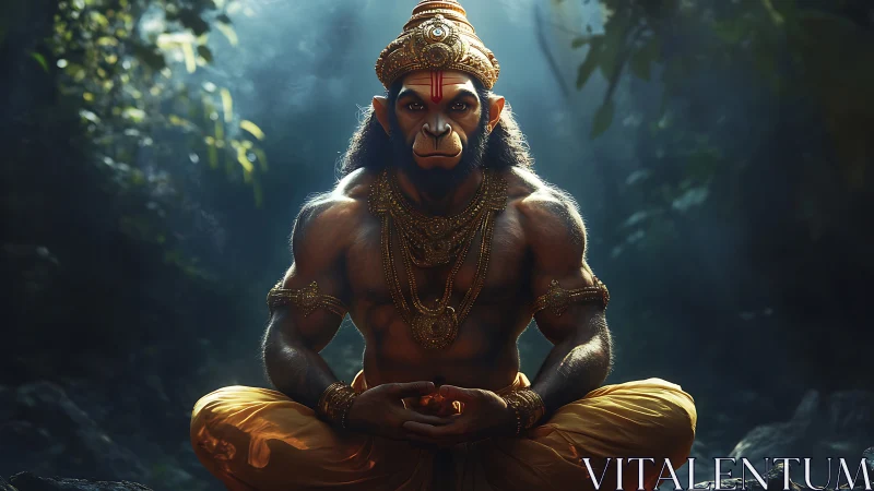 Simian-headed figure in ornate attire seated in forest setting.