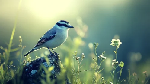 Small songbird on mossy rock in sunlight, dreamy nature photo.