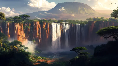 Emerald cliffs inhale clouds as endless jungle waterfalls roar