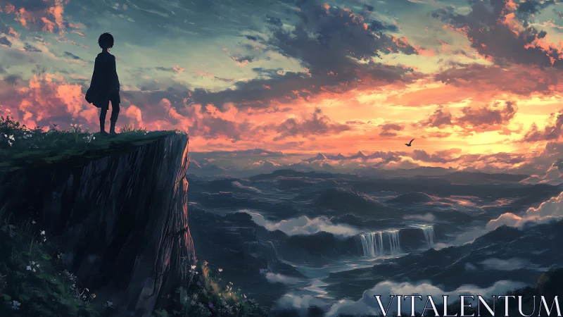 Silhouetted figure on cliff above distant waterfalls at dusk.