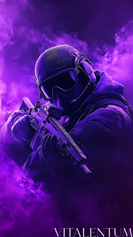Tactical soldier silhouette holding rifle in purple smoke field.