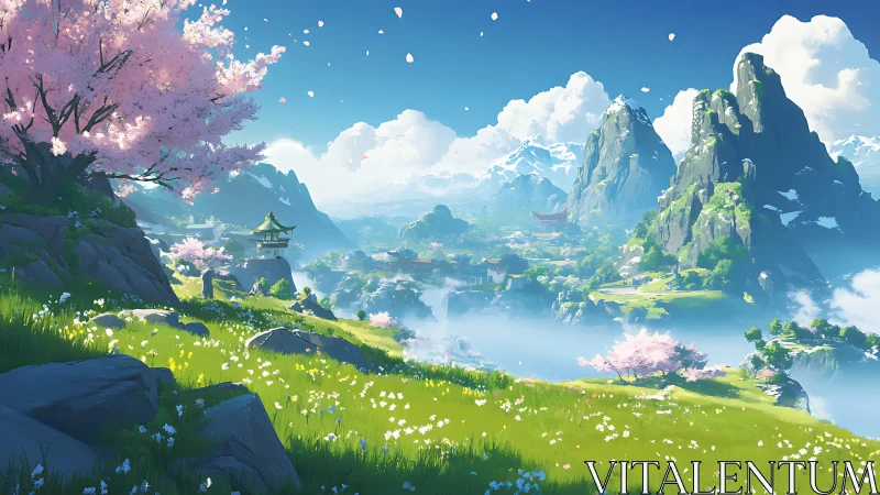 Spring valley under cherry blossoms and misty peaks.