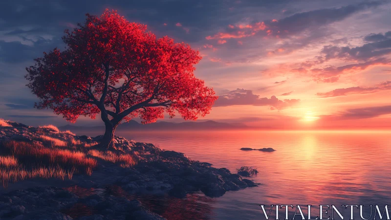 Crimson shoreline tree rendered against hyperreal dusk light