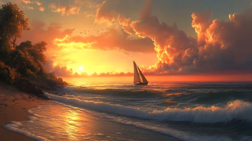 Sunlit sailboat drifts through molten sunset waves and clouds.