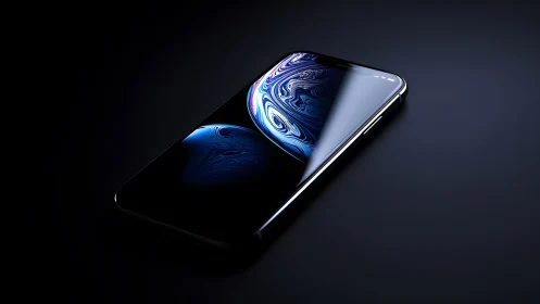 Modern smartphone on dark surface with abstract blue wallpaper.