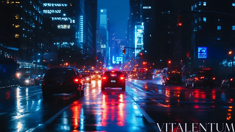 Rain-slick neon boulevard hums with midnight city traffic.