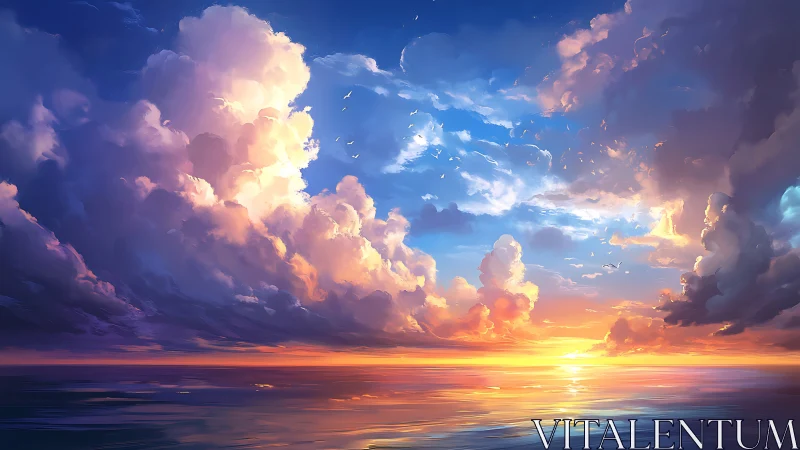 Radiant cumulonimbus sunset over reflective ocean horizon.