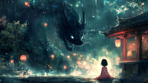 Stormlit dragon spirit over child at shrine in rain.