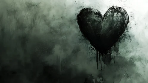 Dripping Black Heart Against Textured Sage Background