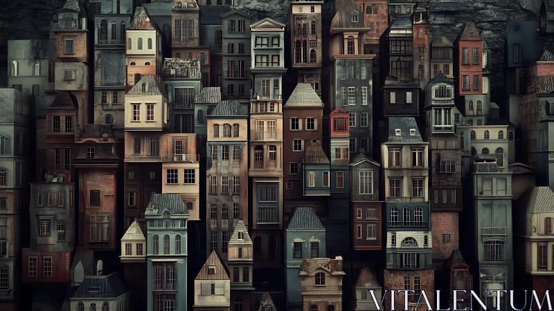 Dense vertical cityscape with stacked narrow townhouses.