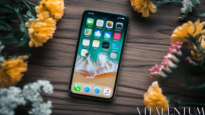 Contemporary Smartphone Display with Botanical Framing on Wooden Surface.