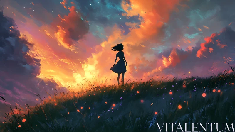 Girl on a glowing hillside beneath a dreamy sunset sky.