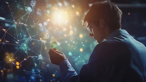 Curious young scientist exploring glowing digital cosmos.