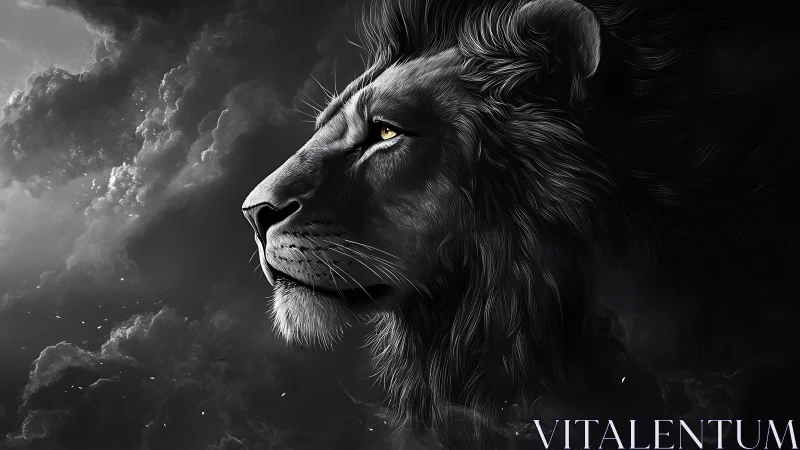 Majestic lion profile in dark stormy monochrome sky.