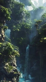 Verdant cliff canyon frames luminous jungle waterfall.