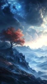 Solitary red tree on misted ridgeline under turbulent sky.
