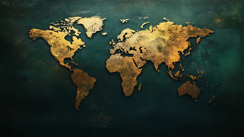 Textured gold world map on dark teal background. Period.