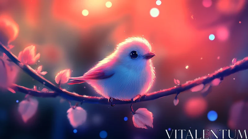 Iridescent Bird on Cherry Branch with Neon Glow. Digital Rendering.
