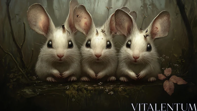 Woodland trio of white rabbits with luminous eyes poised.