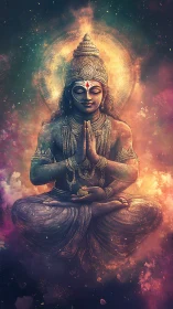 Celestial meditative deity with radiant halo and cosmic dust