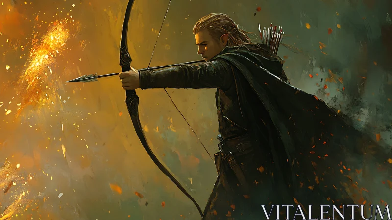 Elven archer draws bow amid illuminated particulate field