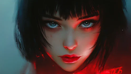 Neon‑lit stare of the midnight girl, painted in ember hush.
