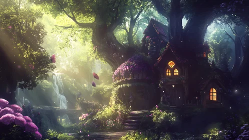 Enchanted woodland cottage with bioluminescent flora and waterfall