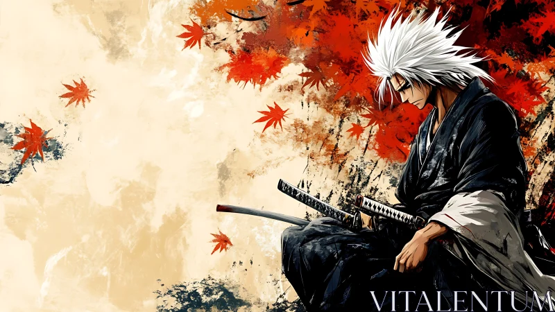 White-haired samurai broods beneath burning autumn leaves.