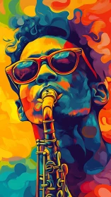 Chromatic sax serenade in swirling neon jazz dreamscape.