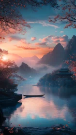 Sunset boat drifts through tranquil misty mountain lake scene.