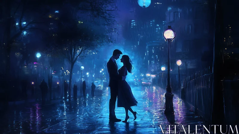 Neon Romance: Couple Embracing on Rainy Urban Street.
