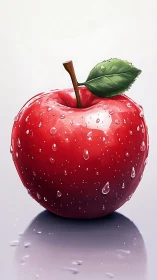 Red apple with water droplets rests on reflective surface