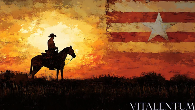 Lone sunset rider beneath a burning prairie sky and star-striped flag.