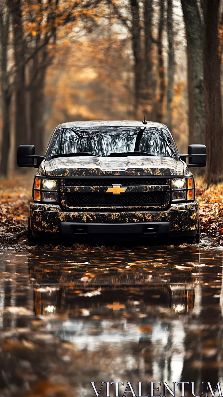 Chevrolet pickup in autumn woodland with reflective water pool