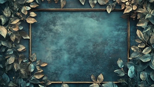Antique gold frame encircled by metallic foliage on teal ground
