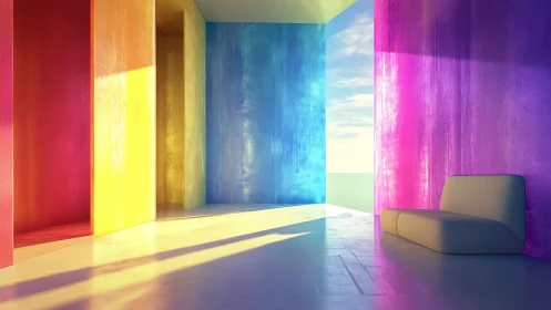 Chromatic minimalist interior with luminous gradient walls.