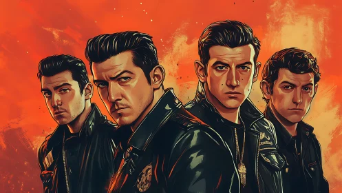 Stylized quartet of leather-clad men on vivid orange backdrop