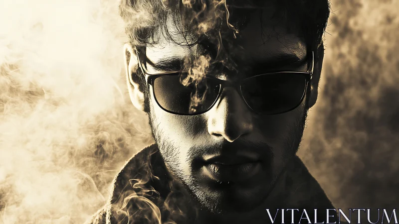 Smoke curls around the shaded stranger like whispered secrets