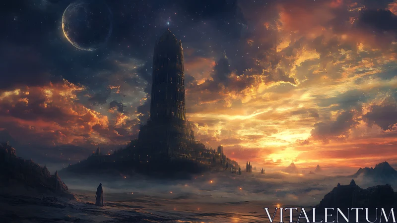 Vertical citadel dominates misted plain beneath luminous binary sky