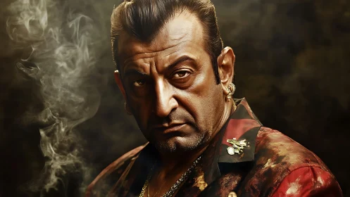 Intense older man in patterned jacket amid drifting smoke.