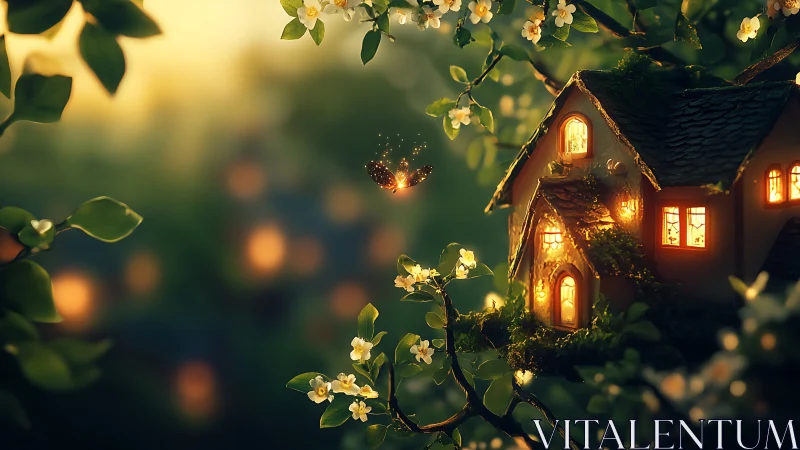 Miniature treehouse glows at dusk with firefly illumination