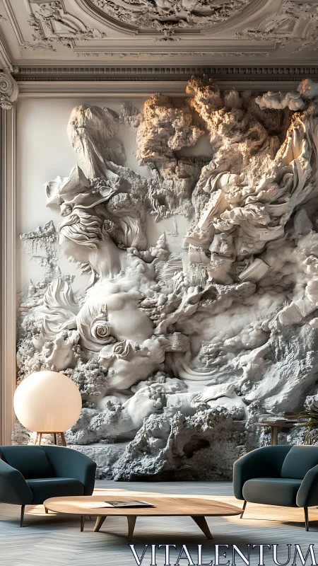 Parametric baroque relief wall in minimal lounge interior.